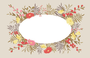 Floral beautiful oval frame, summer flowers and green foliage decor. Engagement or wedding natural elegant botany composition. Vector flat style cartoon illustration, beige background