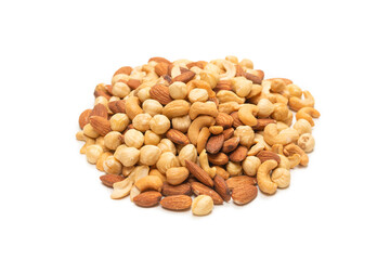 Mix of nuts isolated on white background. Top view.