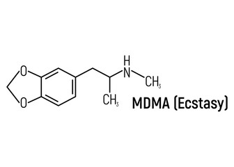 MDMA ecstasy concept chemical formula icon label, text font vector illustration, isolated on white. Periodic element table, addictive drug.