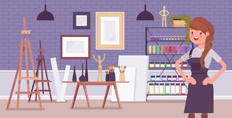 Small scale business-owner, privately owned art store. Woman, successful entrepreneur, individual start up project, supplies for drawing, painting, sculpting. Vector flat style cartoon illustration