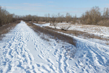 Obraz premium Winter landscape by the Vistula as seen from the flood embankment.