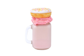 Pink strawberry freakshake with marshmallow and sweets.