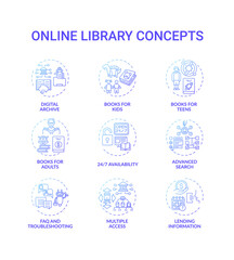 Online library oncept icons set. Getting access to information idea thin line RGB color illustrations. New technology. Digital. Types of digital libraries. Vector isolated outline drawings