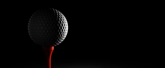 Poster Sport and spirit concept.Close Up white golf ball on a black background.Golf ball on red tee on dark background.copy space and Panoramic banner. © Yingyaipumi