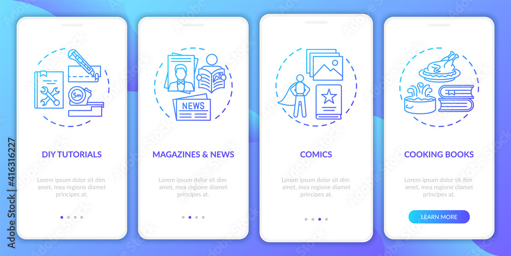 Poster online library catalogue onboarding mobile app page screen with concepts. diy tutorials, cooking boo
