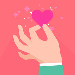 Hand holding a pink heart love message on pastel color background. Abstract vector image of hand pinching a heart cute and romantic concept