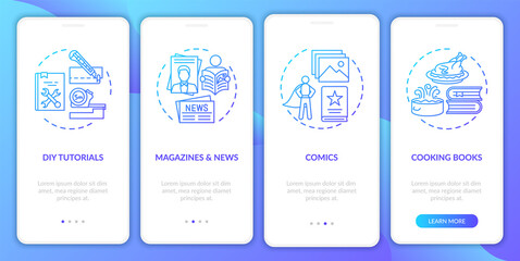 Online library catalogue onboarding mobile app page screen with concepts. DIY Tutorials, cooking books walkthrough 4 steps graphic instructions. UI vector template with RGB color illustrations