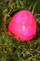 Pink colored easteregg in the mossy grass