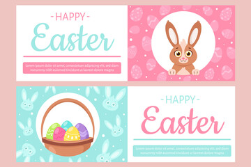 Happy Easter flyer. Bunny, basket with Easter eggs. Vector illustration