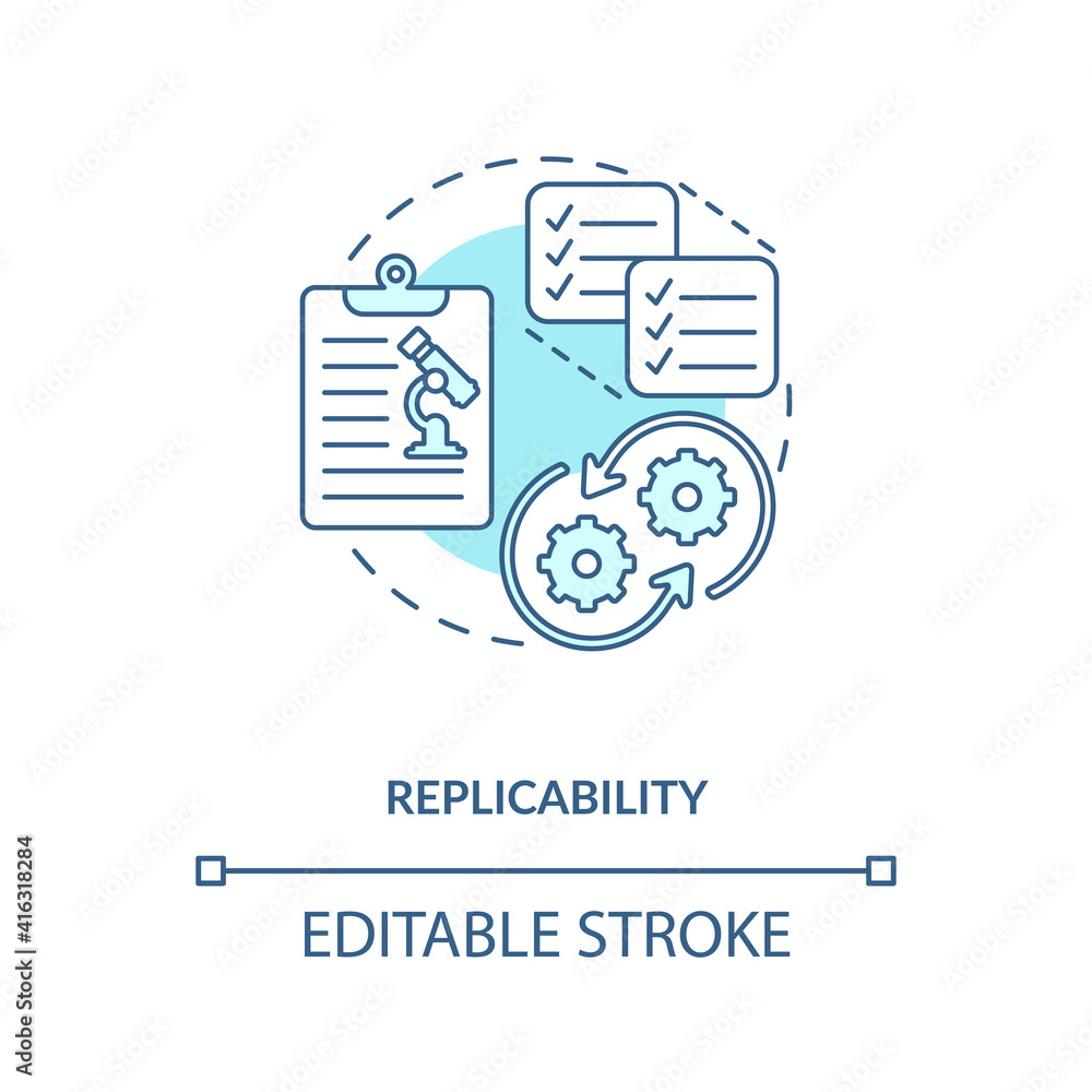 Poster replicability concept icon. repeating and replicating scientific knowledge idea thin line illustrati