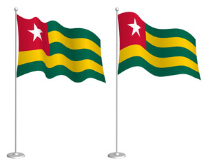 flag of Togolese Republic on flagpole waving in wind. Holiday design element. Checkpoint for map symbols. Isolated vector on white background