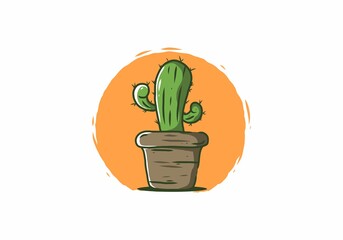 Prickly green cactus in a pot illustration drawing