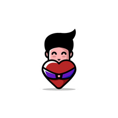 Cute Boy Cartoon Character Hug A Love Vector Illustration Design.