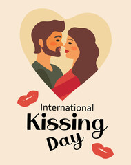 World kiss day postcard. International kissing day couple in love, romance, lovers. Vector illustration