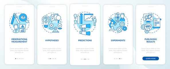 Observation and measurement onboarding mobile app page screen with concepts. Hypothesis and theory walkthrough 5 steps graphic instructions. UI vector template with RGB color illustrations