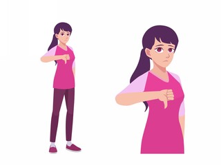 Obraz premium Women or Girl Thumbs Down Dislike and Disappointed Expression Pose Cartoon Illustration
