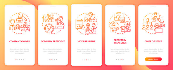 Company top management jobs onboarding mobile app page screen with concepts. Vice president walkthrough 5 steps graphic instructions. UI vector template with RGB color illustrations