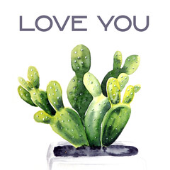 Watercolor illustration of the cactus "I love you". Postcard for the holiday.