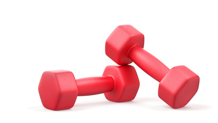 Two red rubber coated dumbbells on white background