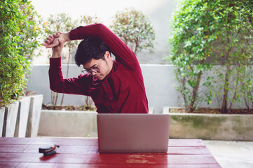 Men and laptops Sit and work at home Picture for your business