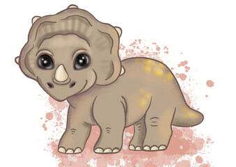 Cute dinosaur Triceratops. Hand drawn little dino kid isolated on white background. Cartoon character design for kid's posters, books, stationary supplies.