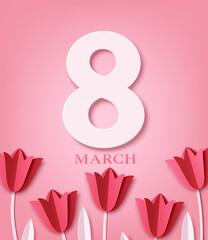 International Women's Day greeting card design template. 8 March concept. Paper red tulips are arranged in a row on pink background.  8 March text. Vector stock illustration.