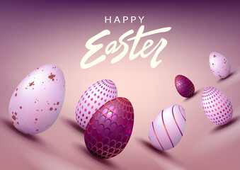 Easter light purple composition, eggs with a beautiful pattern drawn obliquely