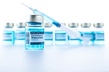 Injection bottle. Medical syringe with needle for protection flu virus and coronavirus. Covid...