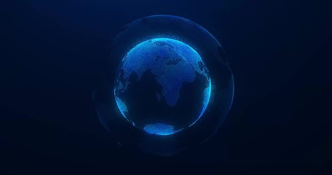 Planeta azul 3D rotando digital tierra iluminada con part&iacute;culas sobre fondo oscuro