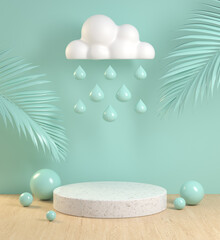 Mockup Podium With Cloud Rain Drop Palm Leaf And Wood Floor On Mint Pastel Abstract Background 3d Render