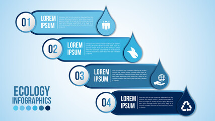 Infographic eco water blue design elements process 4 steps or options parts with drop of water. Ecology organic nature vector business template for presentation.