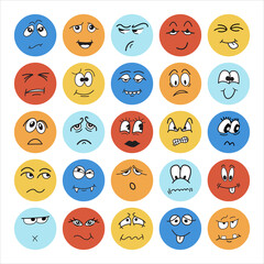 Colorful stickers for kids with doodle, cartoon, hand drawn faces emotions. Stock vector illustration for print on textile, decorative paper, wallpaper, gift wrap, greeting card, party decoration