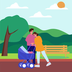 A couple in love with a small child in a stroller, a married couple. A couple with a stroller, a traditional family in the park