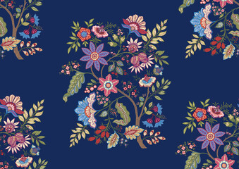 Fantasy flowers in retro, vintage, jacobean embroidery style. Seamless pattern, background. Vector illustration. On army green background.