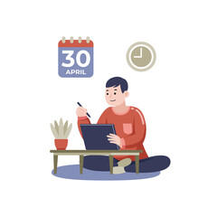 Man Working with Digital Tablet at Home. Vector Illustration with Flat Design.