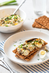 Egg salad with anchovies on crispy bread. Sandwich with Swedish egg salad gubbröra in a plate on a white concrete background close-up. Scandinavian cuisine.