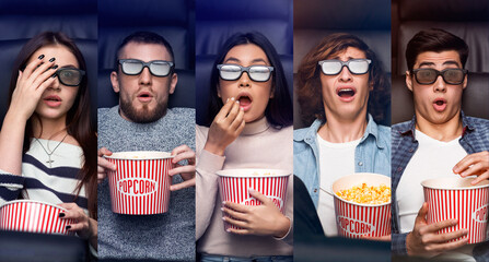 Shocked Millennial People In Cinema Watching Movies, Collage, Panorama