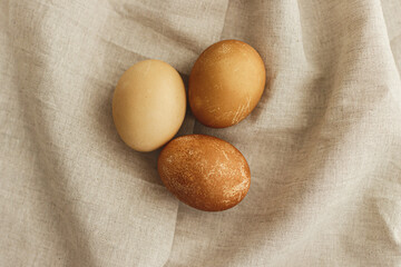 Modern simple brown easter eggs on rustic linen cloth  with space for text. Happy Easter! Aesthetic