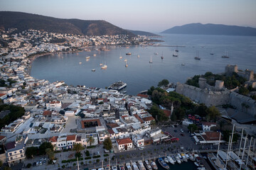 Panoramic view of resort town of Bodrum, Turkey. Aerial drone view of Aegean sea with boats,...