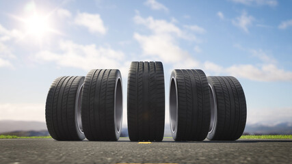 3d render car tires rolling on asphalt in the summer - obrazy, fototapety, plakaty
