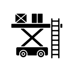 Ramp services black glyph icon. Aircraft maintenance. Professoinal ground service. Civil aviation. Ground handling. Loading luggage. Silhouette symbol on white space. Vector isolated illustration