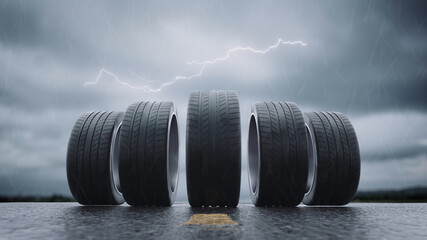 3d render car tires rolling on wet asphalt in the rain with a thunderstorm © davstudio