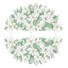 Floral circle ornament of white lilies and green leaves