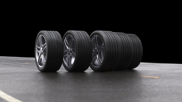 3d render car tires rolling on wet asphalton a black background