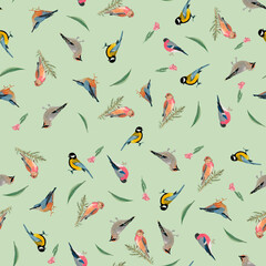 Light green background with various colorful birds and green leaves. Seamless pattern. Watercolor.