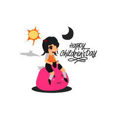 Girl sitting on a fantasy animal. Happy Children's Day