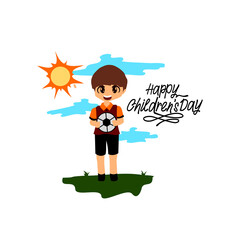 Boy Holding Football in garden. Happy Children's Day