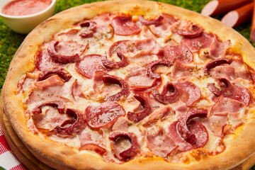 Traditional italian Pizza with salami, mozzarella, ham and bacon on green grass background