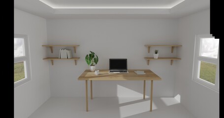 3d render interior room. minimal style design. working desk. home interior design. template for website, wallpaper, and mockup.