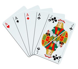 Quatre as et un valet sur fond blanc
